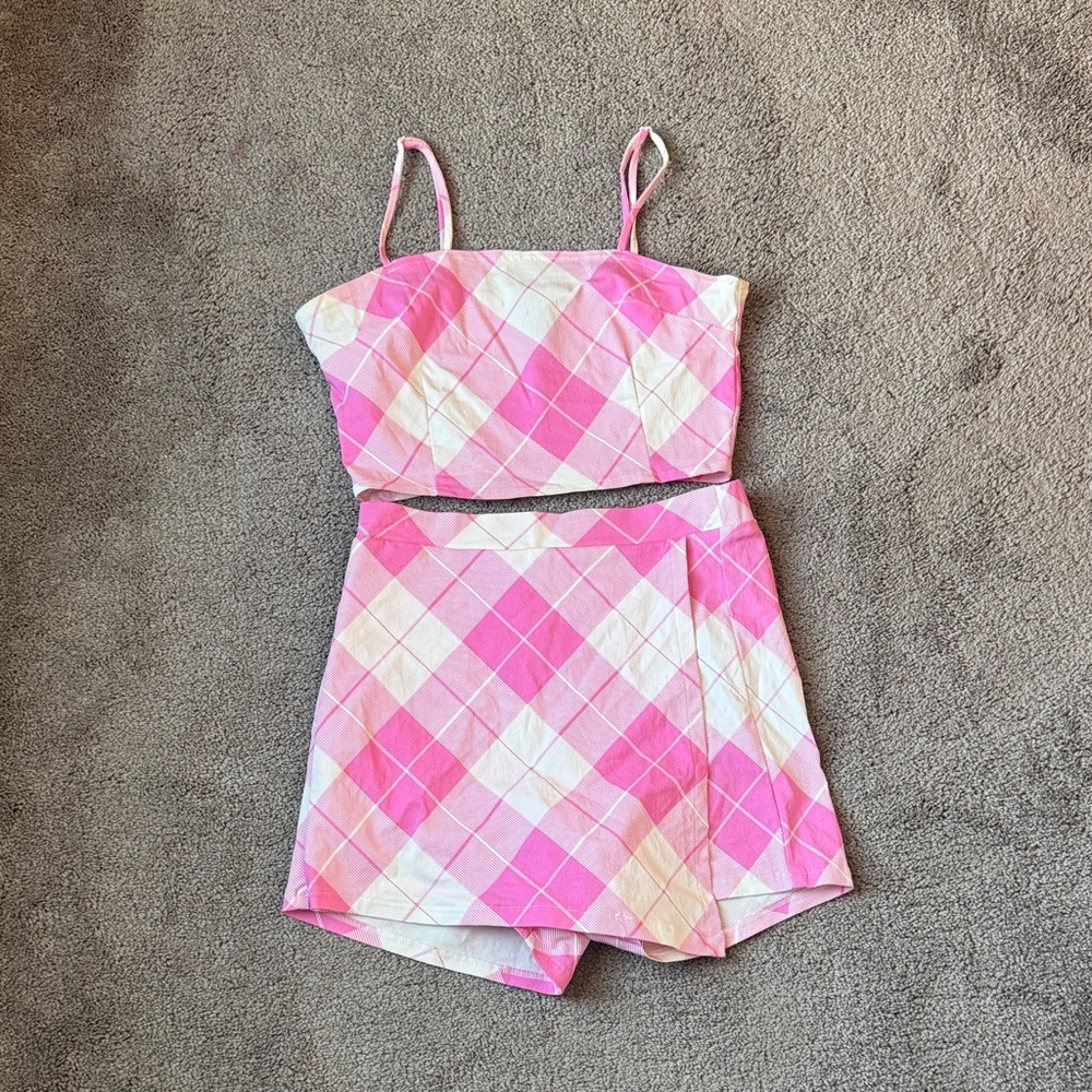 Rue21 Pink White Plaid Skort Set Crop Top Two Piece Y2K Matching SIZE S